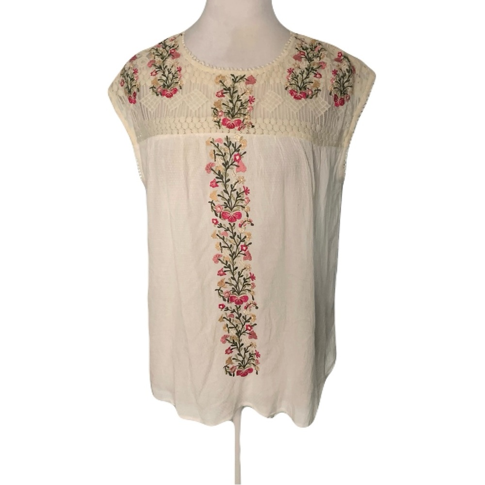Ranna Gill Women’s Small Cream Floral Embroidered Sleeveless Top Cottagecore